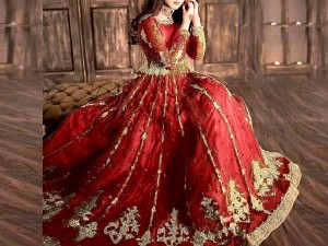 Heavy Embroidered & Mirror Work Maroon  Net Bridal Maxi Dress Price in Pakistan