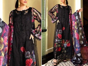 Embroidered Black Chiffon Party Wear Dress with Printed Organza Dupatta Price in Pakistan