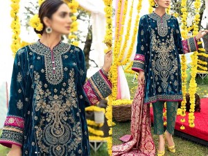 Heavy Embroidered Velvet Party Wear Dress with Jamawar Trouser Price in Pakistan