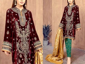 Heavy Embroidered Velvet Party Wear Dress with Jamawar Trouser Price in Pakistan