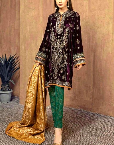 Heavy Embroidered Velvet Party Wear Dress with Jamawar Trouser Price in Pakistan