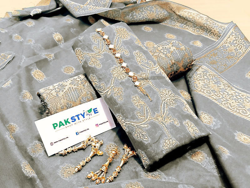 Banarsi Style Grey Cotton Jacquard Suit with Cotton Jacquard Dupatta
