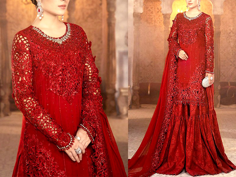 Cutwork Heavy Embroidered Red Chiffon Wedding Dress 2023 Price in Pakistan