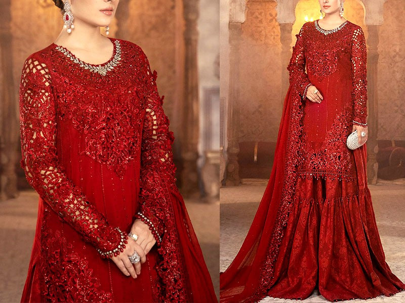 Cutwork Heavy Embroidered Red Chiffon Wedding Dress 2024