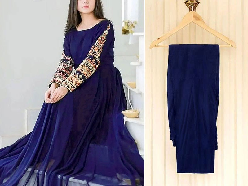 Readymade 2-Piece Embroidered Navy Blue Chiffon Maxi with Plain Trouser Price in Pakistan