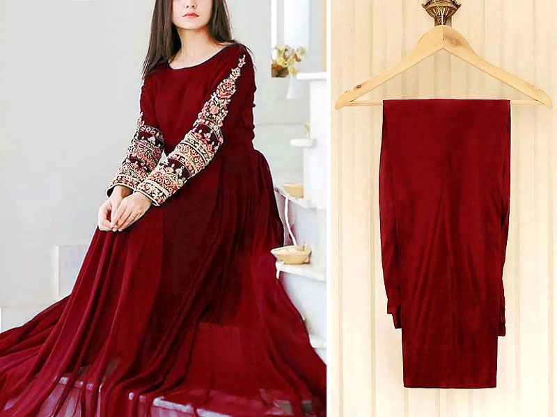 Readymade 2-Piece Embroidered Maroon Chiffon Maxi with Plain Trouser Price in Pakistan