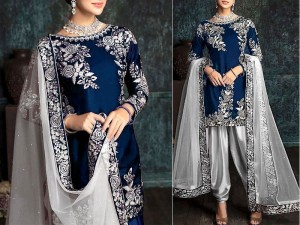 Embroidered Navy Blue Silk Party Wear Dress 2022