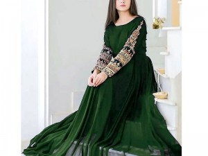 Ready Made Embroidered Green Chiffon Maxi with Inner