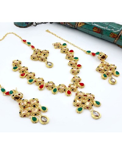 Multi-Colored Stone Party Wear Jewelry Set with Earrings & Tikka Price in Pakistan