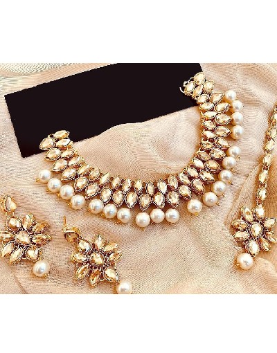 Glamorous White Beads Party Wear Jewellery Set with Earrings & Tikka Price in Pakistan