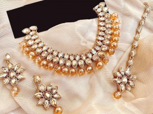 Glamorous Champagne Beads Party Wear Necklace Set with Earrings & Tikka Price in Pakistan