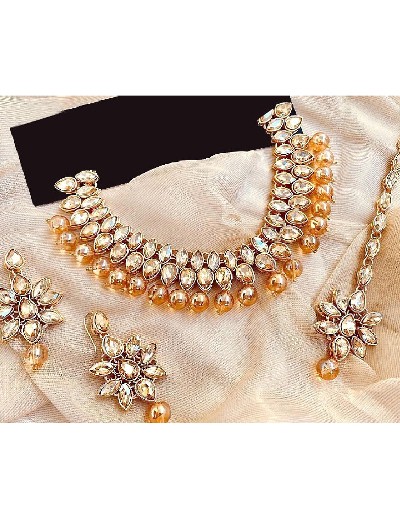 Glamorous Champagne Beads Party Wear Necklace Set with Earrings & Tikka Price in Pakistan