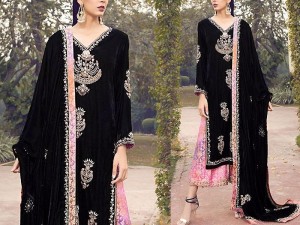 Heavy Embroidered Black Velvet Dress with Velvet Shawl