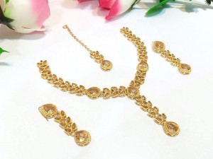 Dazzling Champagne Stone Necklace Set with Drop Earrings & Tikka Price in Pakistan