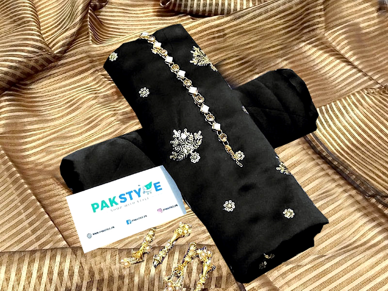 Fancy Embroidered Black Shamoz Silk Party Wear Dress with Shamoz Silk Trouser Price in Pakistan