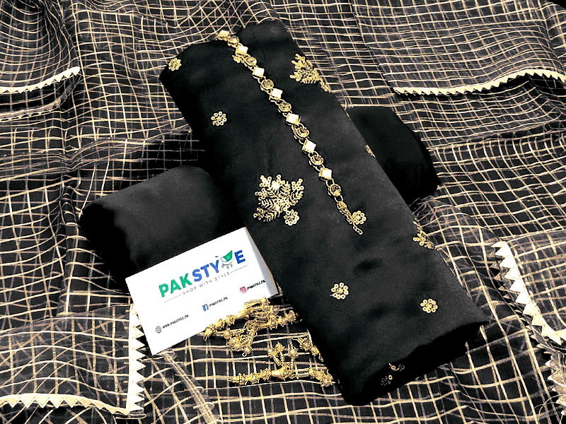 Fancy Embroidered Black Shamoz Silk Party Wear Dress with Shamoz Silk Trouser Price in Pakistan