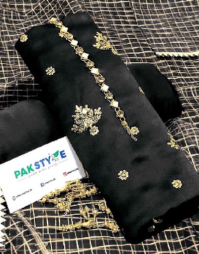 Fancy Embroidered Black Shamoz Silk Party Wear Dress with Shamoz Silk Trouser Price in Pakistan