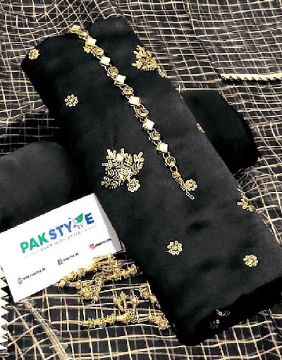 Fancy Embroidered Black Shamoz Silk Party Wear Dress with Shamoz Silk Trouser