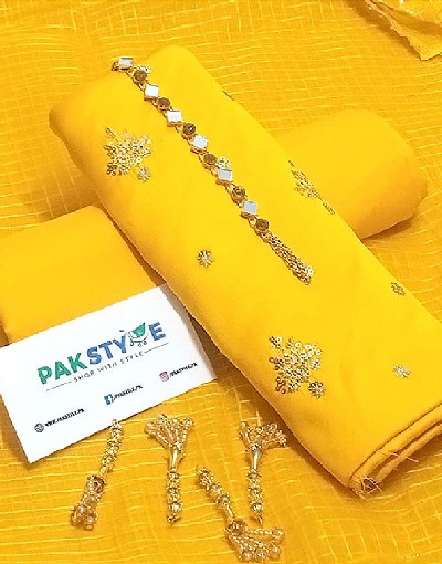 Fancy Embroidered Shamoz Silk Mehndi Dress with Shamoz Silk Trouser