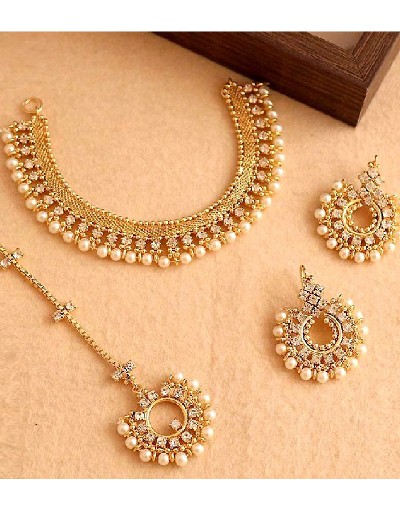 Elegant Pearl Golden Jewelry Set with Earrings & Tikka Price in Pakistan