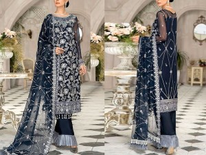 Handwork Heavy Embroidered Navy Blue Chiffon Wedding Dress Price in Pakistan