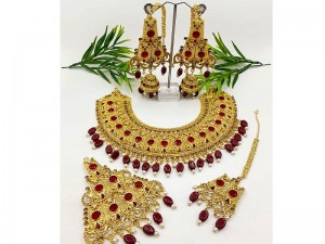 Glamorous Cubic Zirconia Bridal Necklace Set with Jhumkas, Jhoomar & Tikka Price in Pakistan