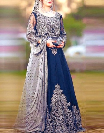 Handwork Heavy Embroidered Navy Blue Chiffon Maxi Dress