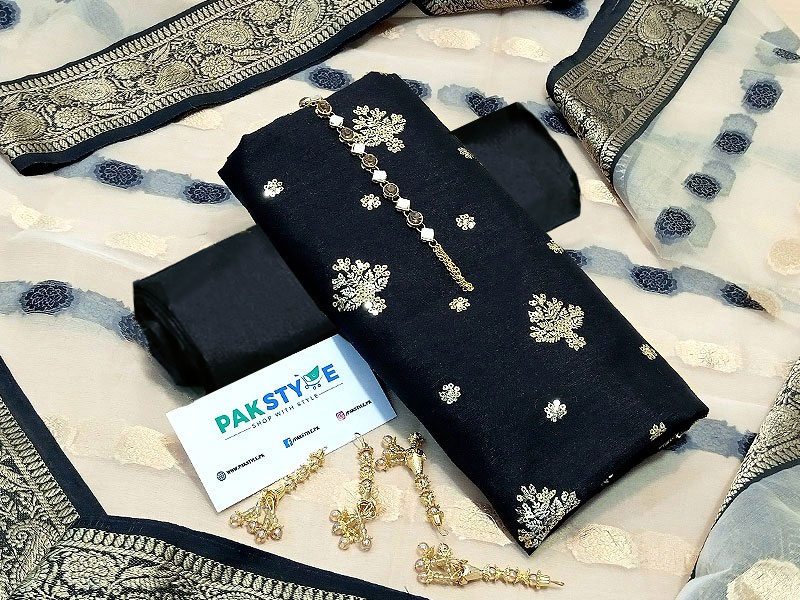 Banarsi Style Embroidered Raw Silk Dress with Organza Jacquard Dupatta Price in Pakistan