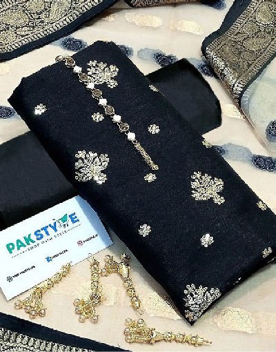 Banarsi Style Embroidered Raw Silk Dress with Organza Jacquard Dupatta Price in Pakistan