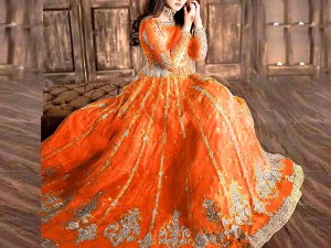 Heavy Embroidered & Mirror Work Orange Net Bridal Maxi Dress