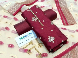 Banarsi Style Embroidered Raw Silk Dress with Organza Jacquard Dupatta