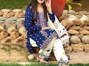 Cultural Full Front  Panel Embroidered Ajrak Design Lawn Dress with Chiffon Dupatta Price in Pakistan