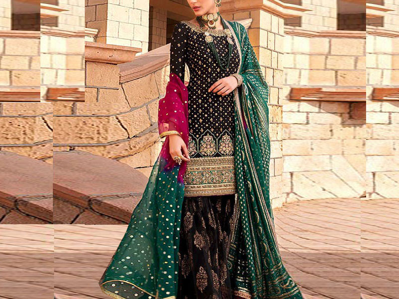Handwork Heavy Embroidered Black Chiffon Wedding Dress 2022 Price in Pakistan