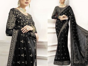 Handwork Heavy Embroidered Black Net Saree Price in Pakistan
