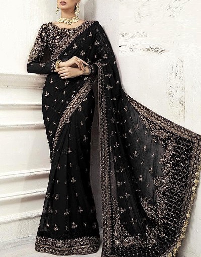 Handwork Heavy Embroidered Black Net Saree