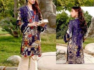 Floral Print Embroidered Lawn Dress with Chiffon Dupatta Price in Pakistan