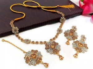 Champagne Stone Jewellery Set With Drop Earrings & Tikka Price in Pakistan
