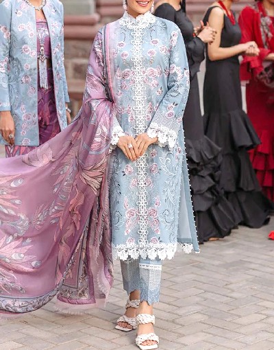 Luxury Schiffli Embroidered Lawn Suit with Digital Print Silk Dupatta Price in Pakistan