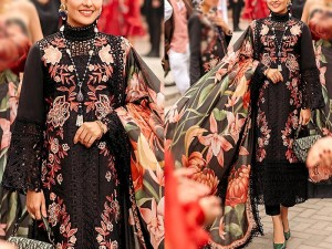 Luxury Schiffli Embroidered Black Lawn Dress with Digital Print Silk Dupatta Price in Pakistan