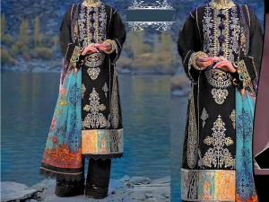 Embroidered Black EID Lawn Dress with Chiffon Dupatta Price in Pakistan