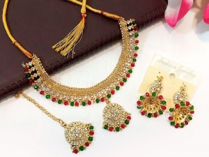 Multicolor Stones Golden Jewelry Set with Earrings & Tikka