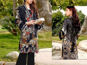 Floral Print Embroidered Black Lawn Dress with Chiffon Dupatta Price in Pakistan