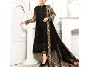 Adorable Embroidered Black Chiffon Party Wear Dress 2022 with Jamawar Trouser Price in Pakistan