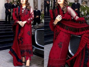 Heavy Embroidered Maroon Chiffon Party Wear Dress with Chiffon Dupatta Price in Pakistan