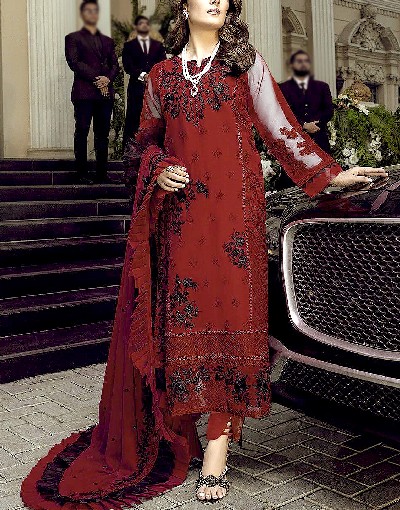 Heavy Embroidered Maroon Chiffon Party Wear Dress with Chiffon Dupatta