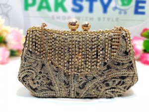 Luxury Banarasi Silk Embroidered Bridal Clutch Bag - Black Price in Pakistan