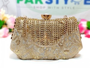 Luxury Banarasi Silk Embroidered Bridal Clutch Bag - Golden Price in Pakistan