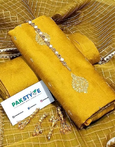 Banarsi Style Embroidered Raw Silk Dress with Organza Check Design Dupatta