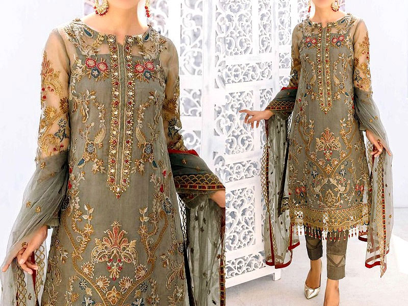 Handwork Embroidered Organza Party Wear Dress with Embroidered Net Dupatta Price in Pakistan
