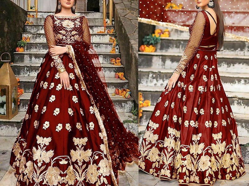Handwork Embroidered Maroon Net Bridal Maxi Dress 2022 Price in Pakistan